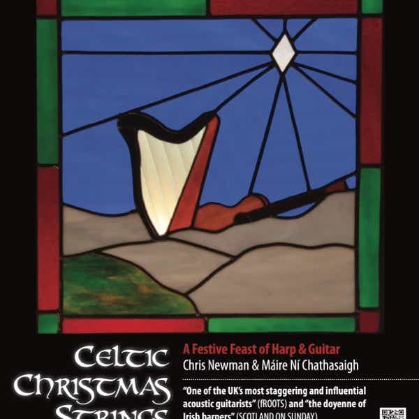 Half-length portrait of Máire Ní Chathasaigh & Chris Newman with harp and guitar. Máire looking sideways at Chris